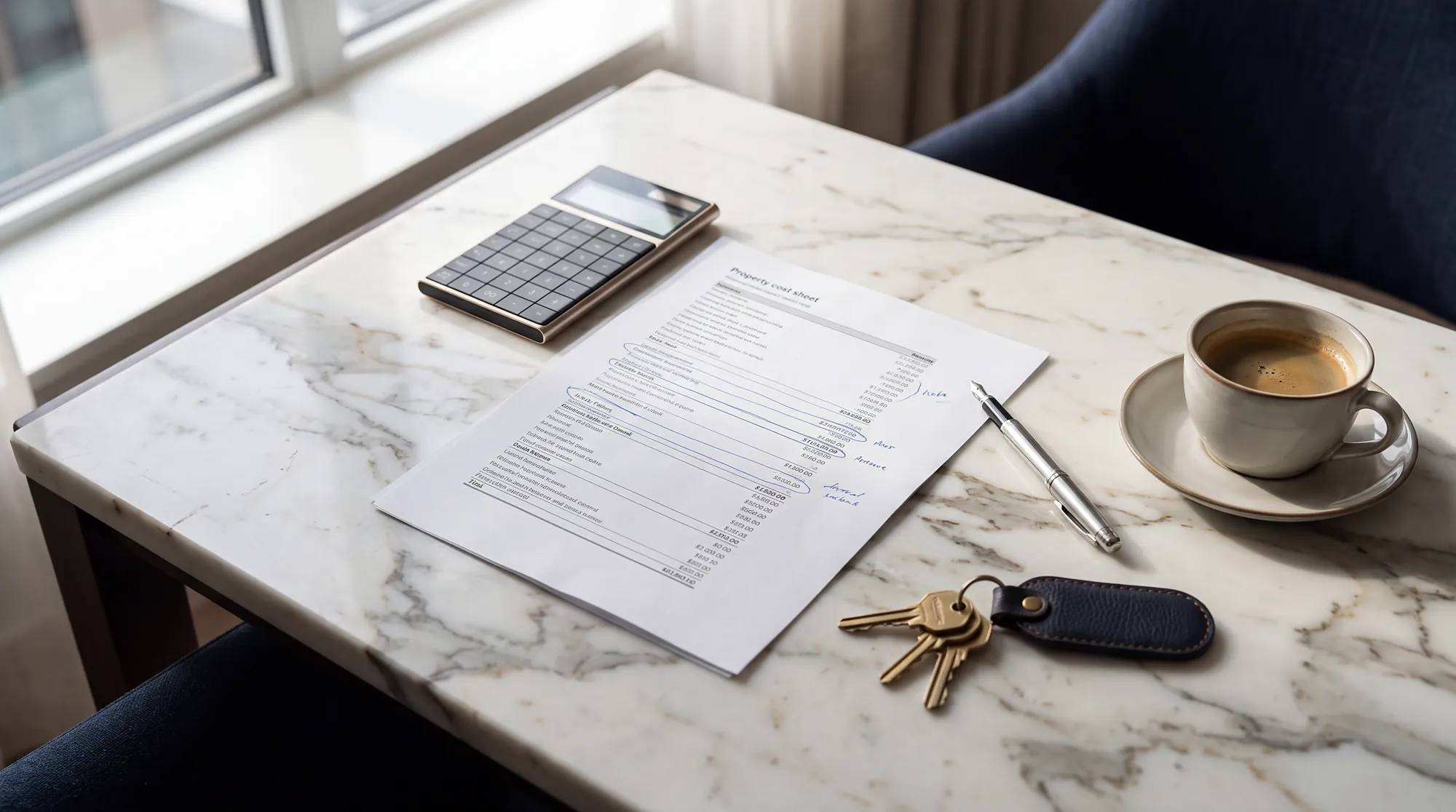 A property cost sheet with lines circled in blue ink, a calculator, a pen and apartment keys on a marble desk