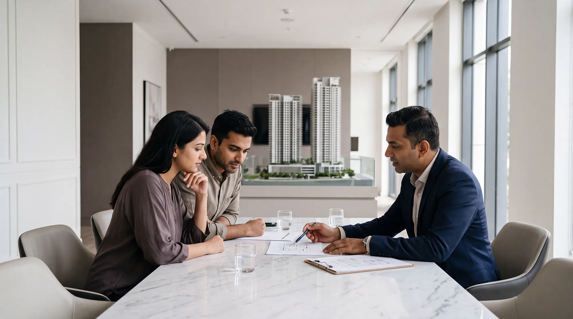 A young couple reviewing a document checklist with a PropStar adviser in a bright sales gallery with a scale model behind them