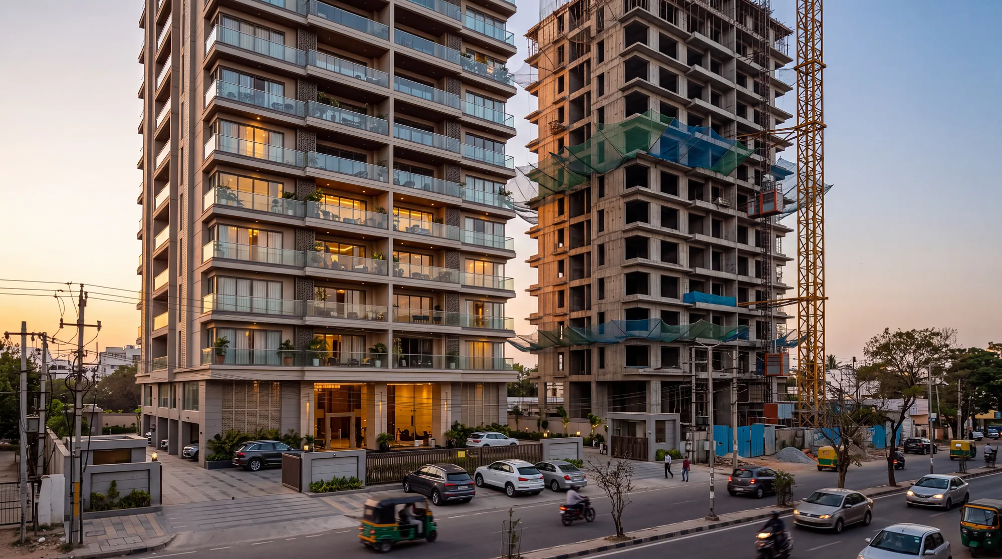 A finished luxury residential tower beside a matching tower still under construction with a crane, at golden hour in Bengaluru