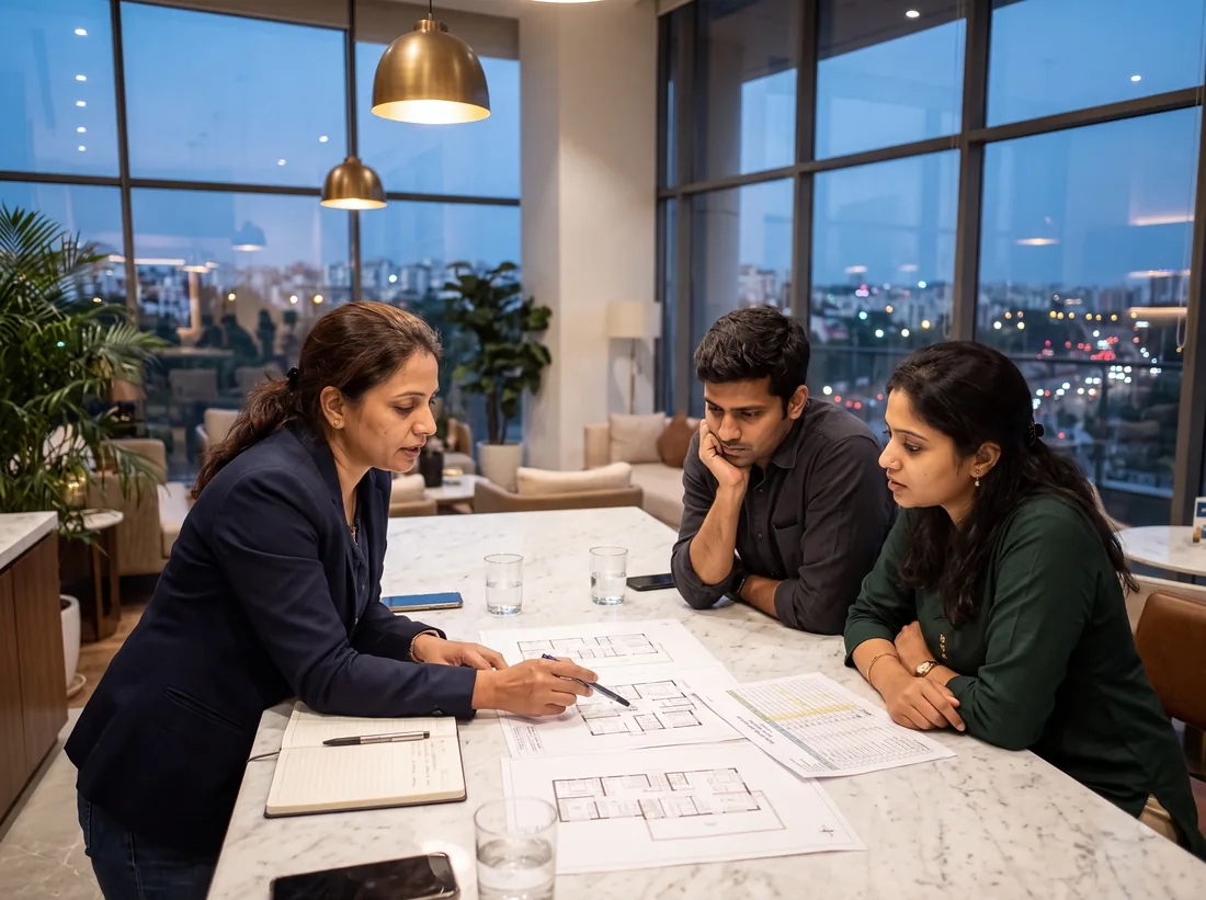 A PropStar adviser going through floor plans and a cost sheet with a young couple in a sales lounge