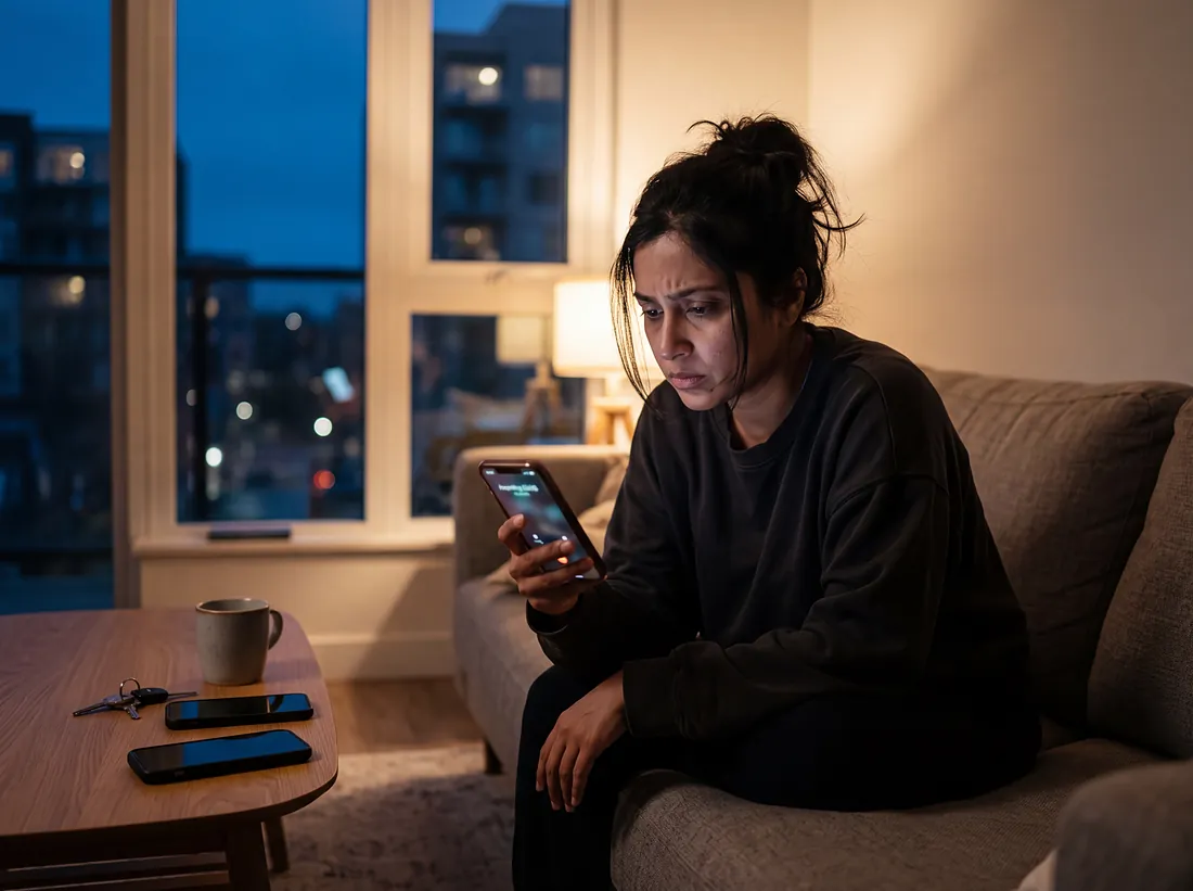 A tired woman on a sofa looking at another incoming call on her phone