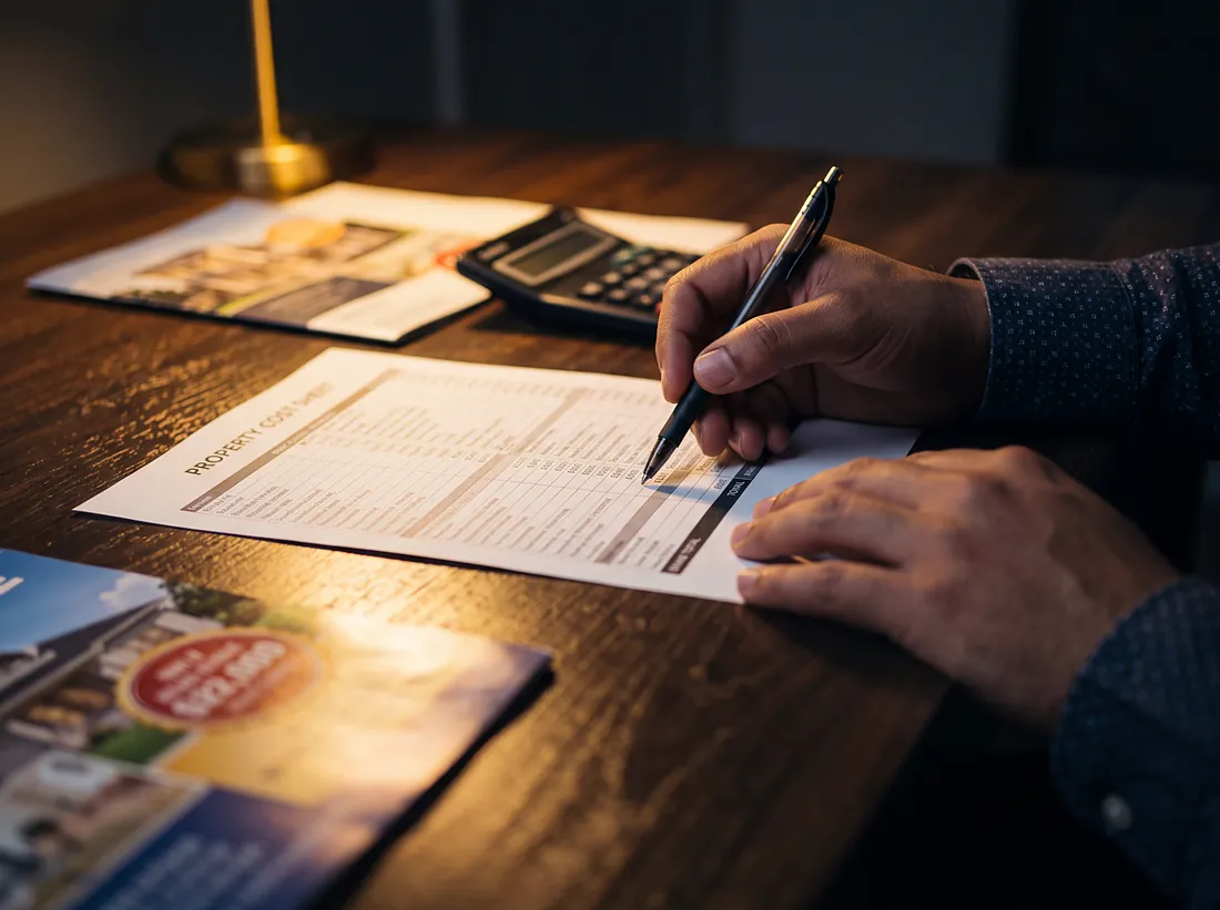A buyer checking a long property cost sheet with a calculator at night