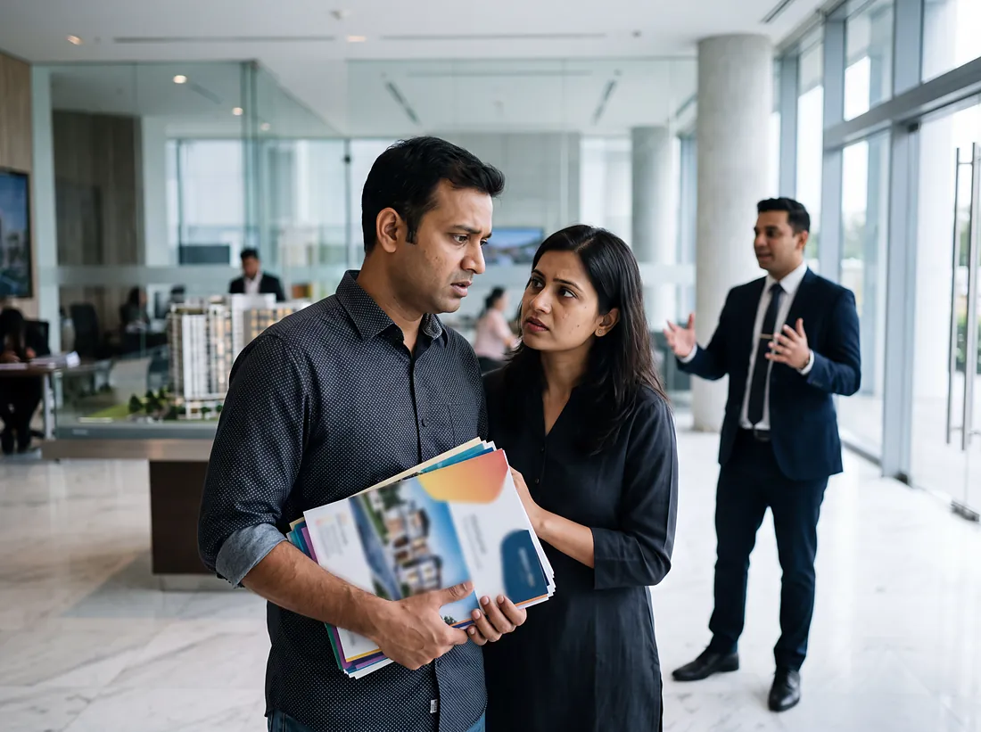 A couple holding brochures in a builder's sales lounge, unsure, while a salesman talks