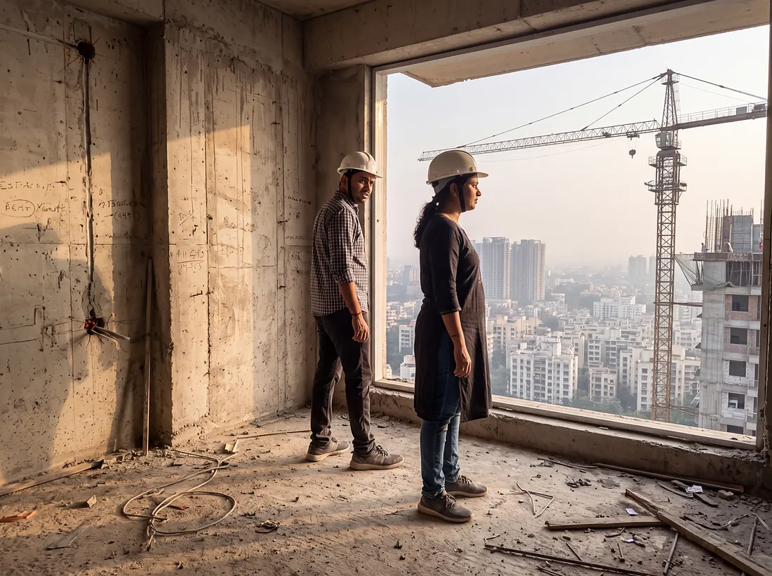 A couple in safety helmets inside an unfinished apartment, looking doubtful